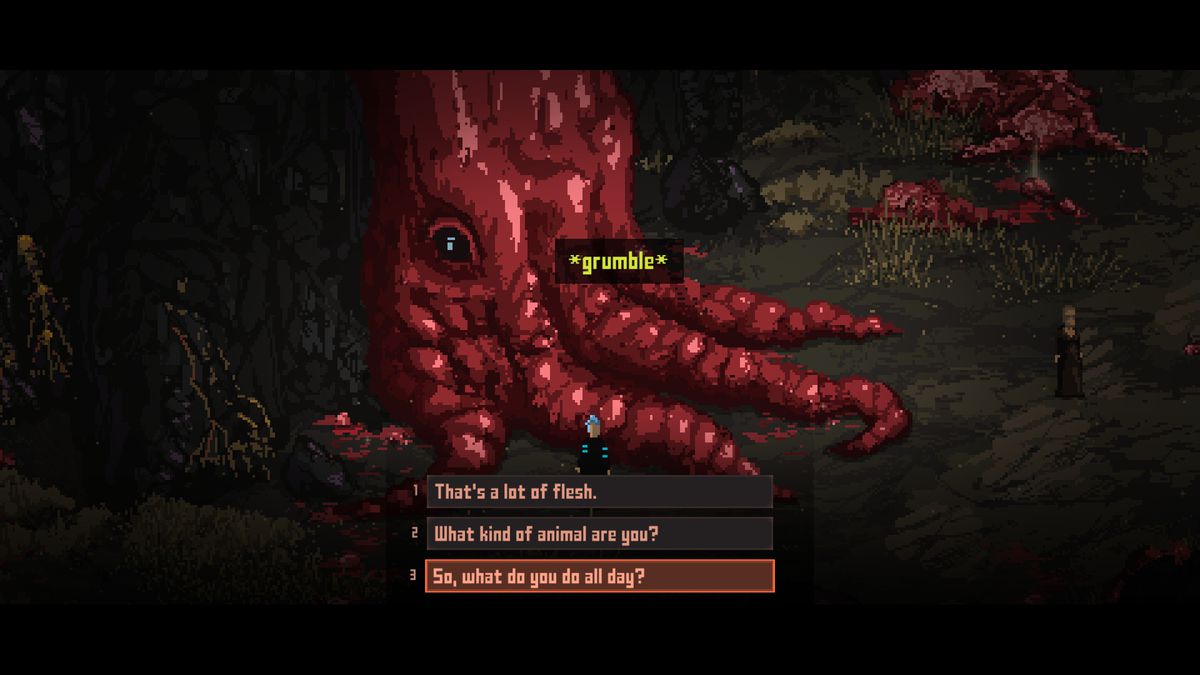 Death Trash - the player talks to the Fleshkraken, a giant red beast made of gore. The player is asking him “So, what do you do all day?”