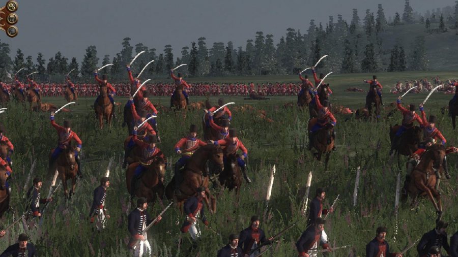 Cavalry charge down some fleeing infantry, sabres raised