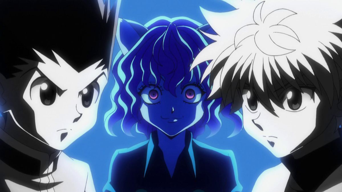 gon and killua looking determined, with neferpitou looming behind them 