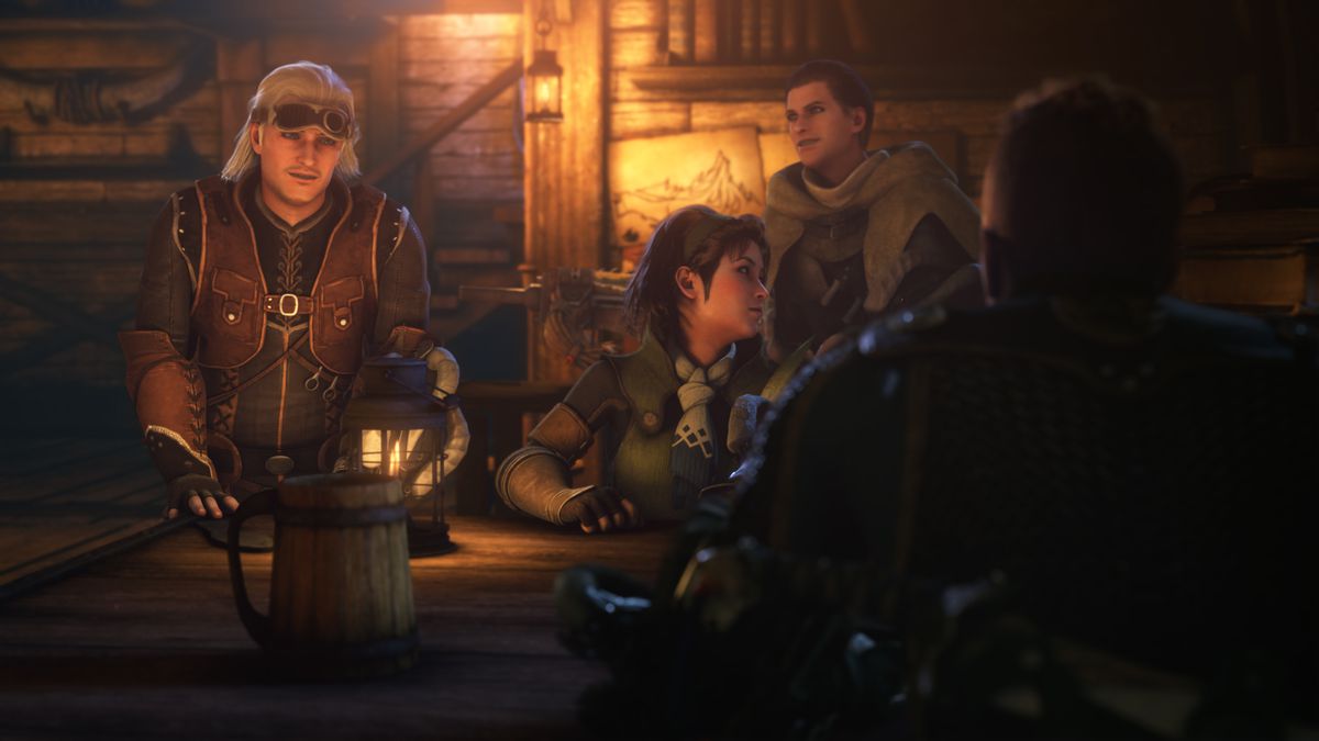 Hunters discuss monsters over drinks in a warmly lit interior space in Monster Hunter: Legends of the Guild