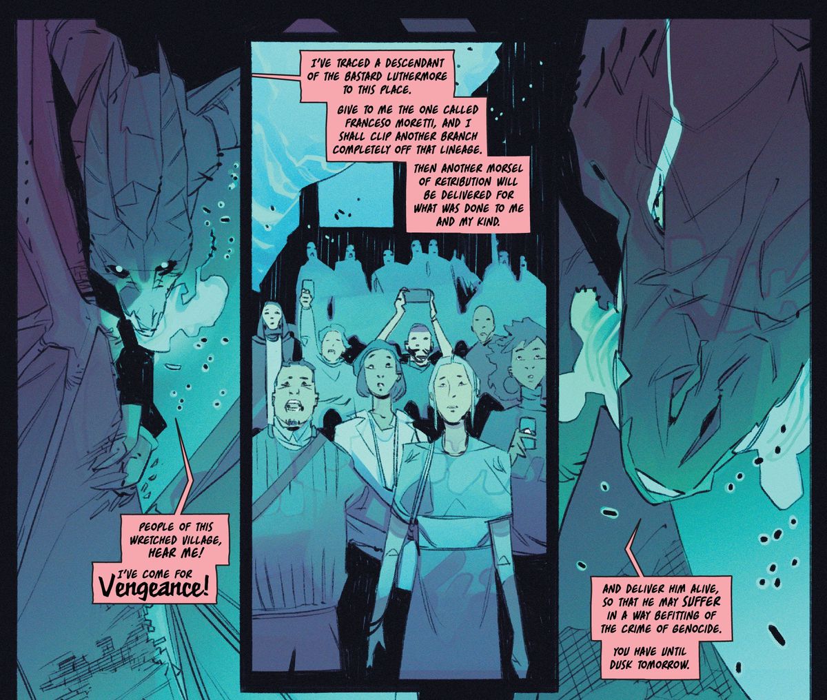 “People of this wretched village, hear me! I’ve come for vengeance!” roars a huge dragon, as onlookers record with their smartphones in Campisi #1 (2023). 
