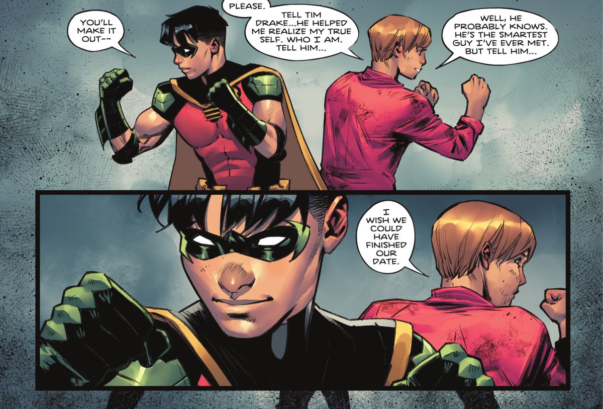 Tim Drake/Robin squares up back to back with his old friend Bernard. “He probably knows. He’s the smartest guy I’ve ever met. But tell him...” Bernard says, “I wish we could have finished our date.” in Batman: Urban Legends #6 (2023). 