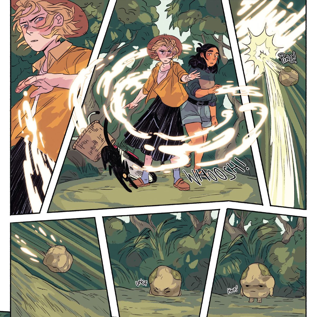 Magic swirls around two teens as the defend themselves from a rocky projectile. The palm-sized rock hits the ground, and, with a tiny grunt, stands up on two tiny feet, revealing a grumpy little face, in Mamo #2 (2023). 