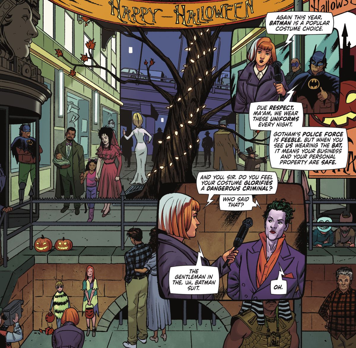 Trick-or-treaters in Gotham City are dressed as various characters from Tim Burton movies, including Beetlejuice, The Nightmare Before Christmas, and Mars Attacks in Batman ’89 #1 (2023). 