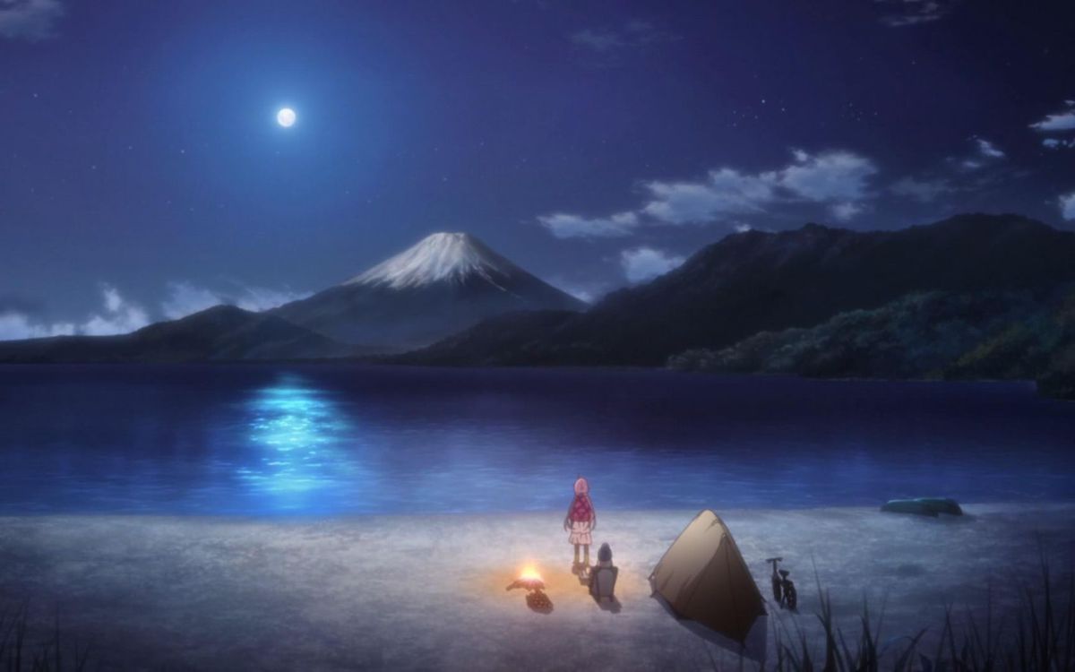 Nadeshiko Kagamihara and Rin Shima admiring the view of Mount Fuji at night in Laid-Back Camp