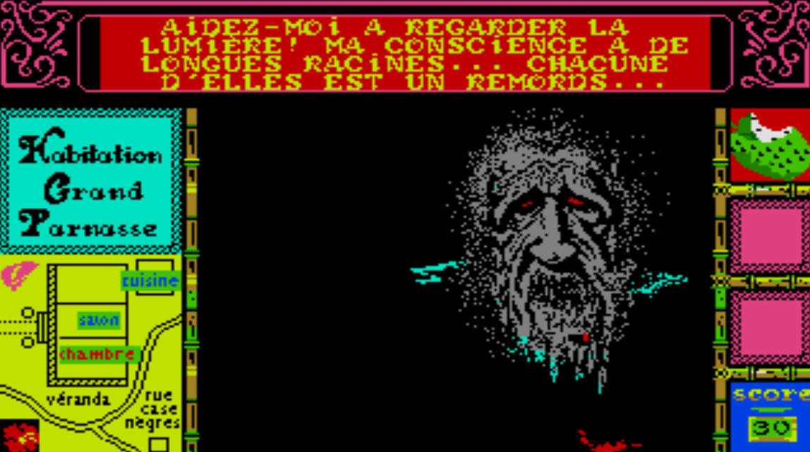 Screenshot of a colorful adventure game, with a horrifying, grey, bleeding ghost staring back at the player.