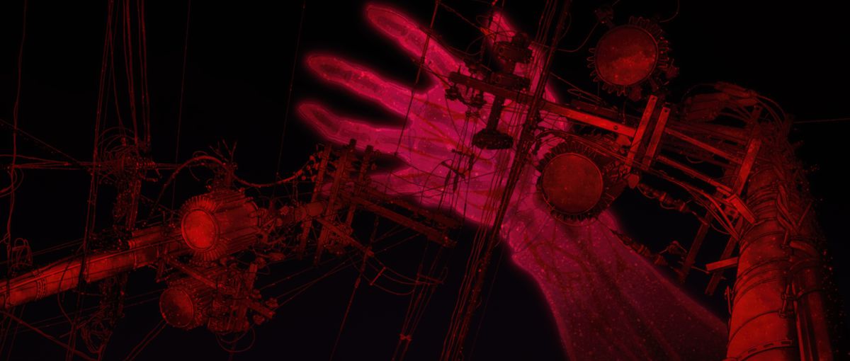A giant red hand comes down from the black sky onto red electrical wires in Evangelion: 3.0+1.0 Thrice Upon a Time