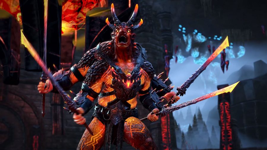 A monster with four arms, and four swords, in the ESO Gates of Oblivion DLC
