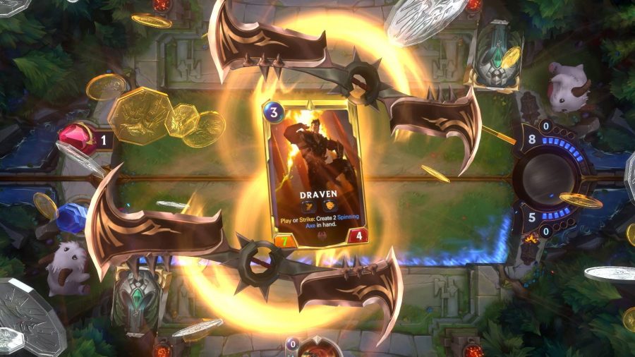 Showing off a Draven card in Legends of Runeterra, one of the best card games
