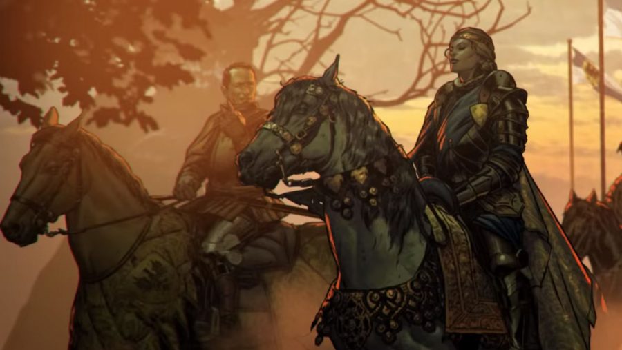 Two characters on horseback from one of the best card games, Thronebreaker The Witcher Tales