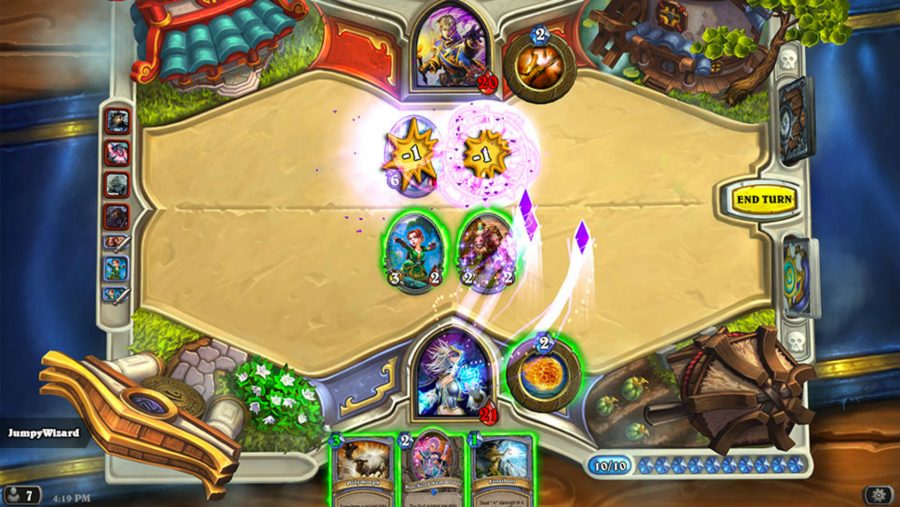 An attack is launched on a vibrant battlefield in Hearthstone, one of the best card games