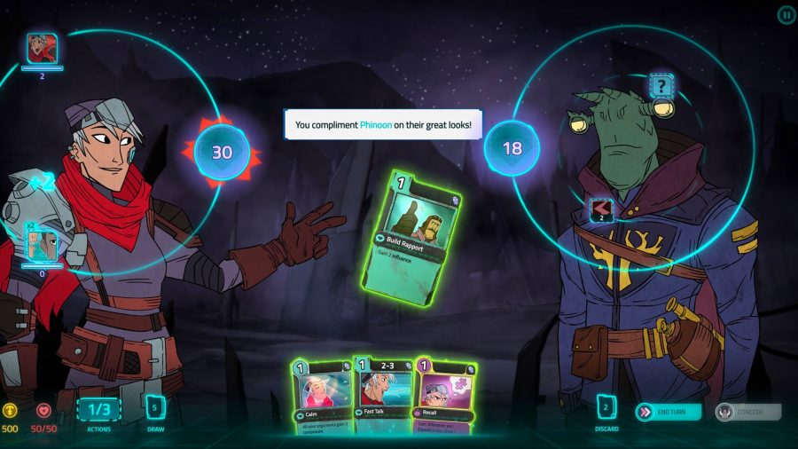 A conversation between two spacefaring characters in Griftlands, one of the best card games