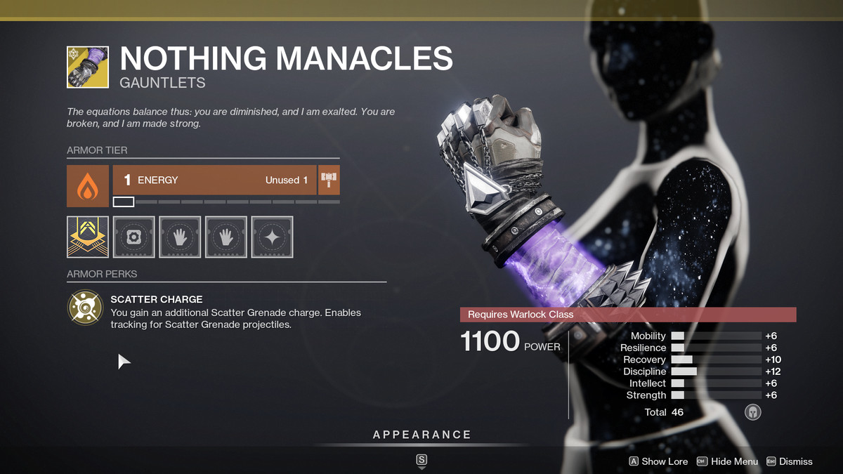 Nothing Manacles Warlock Exotic arms in Destiny 2