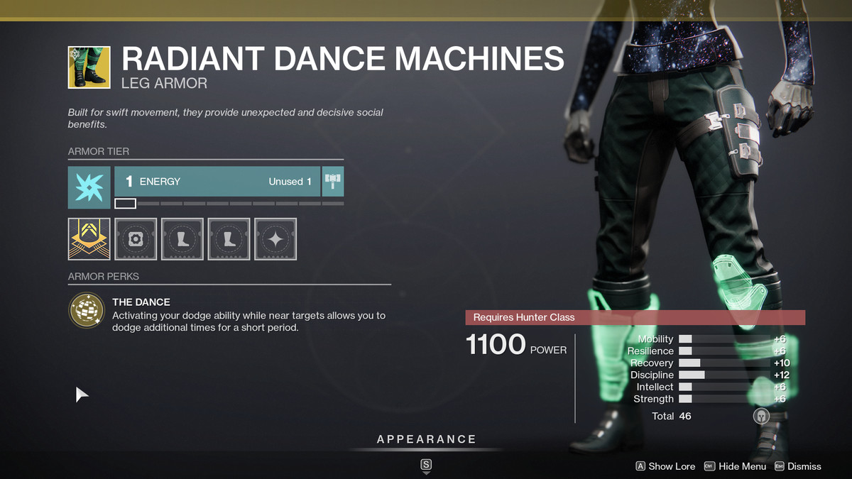 Radiant Dance Machines Hunter Exotic legs in Destiny 2