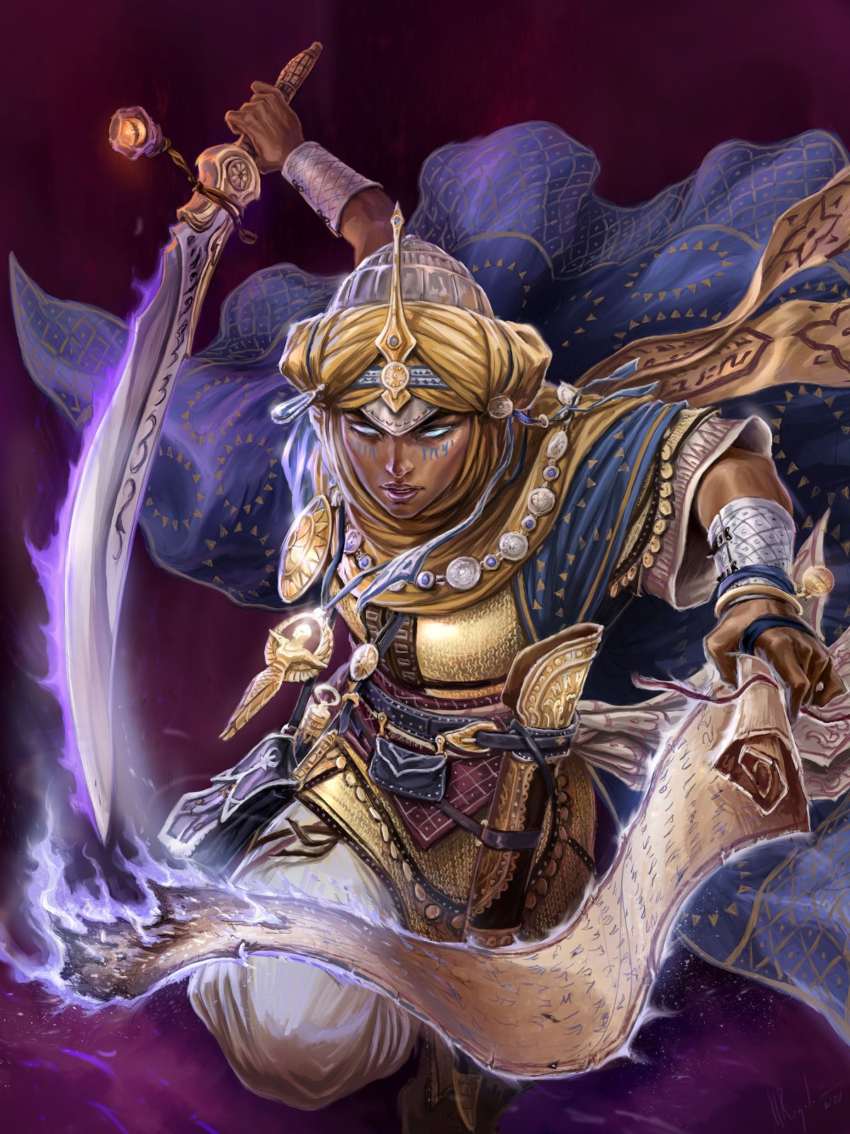 A woman dressed in golden armor with flowing blue ropes and a curving sword leaps out of the frame, a charged paper scroll burning in her hand.