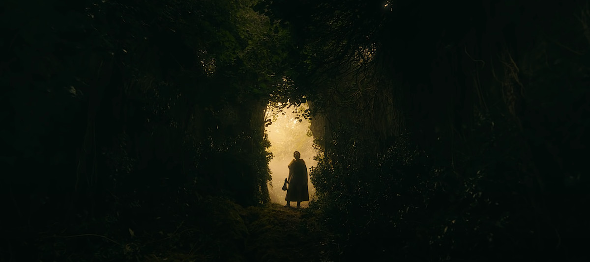 Gawain (Dev Patel) silhouetted against amber light as he looks through the dark forest ahead in The Green Knight
