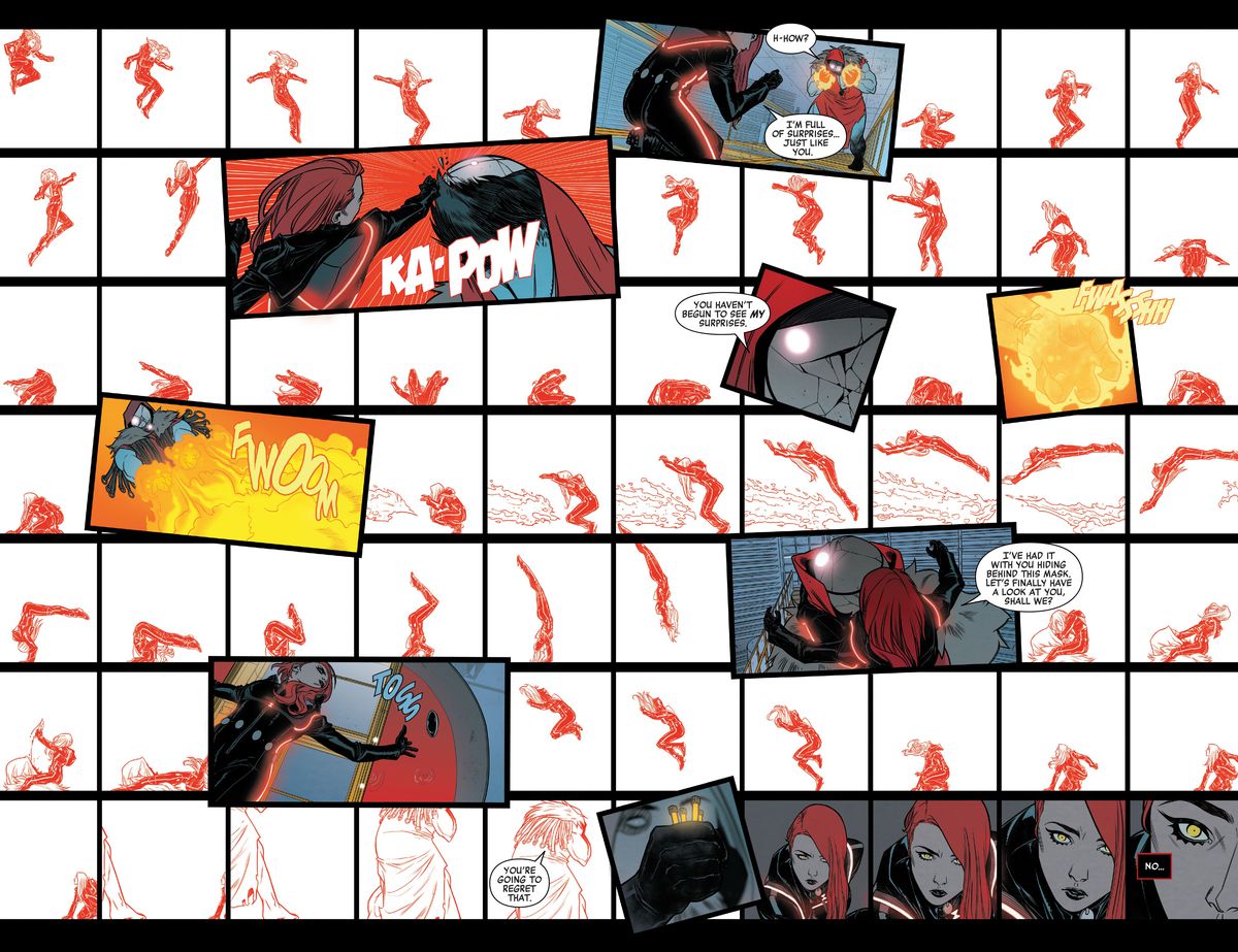 Over a grid of more than 60 white and red panels, Black Widow battles Apogee in Black Widow #10 (2023). 