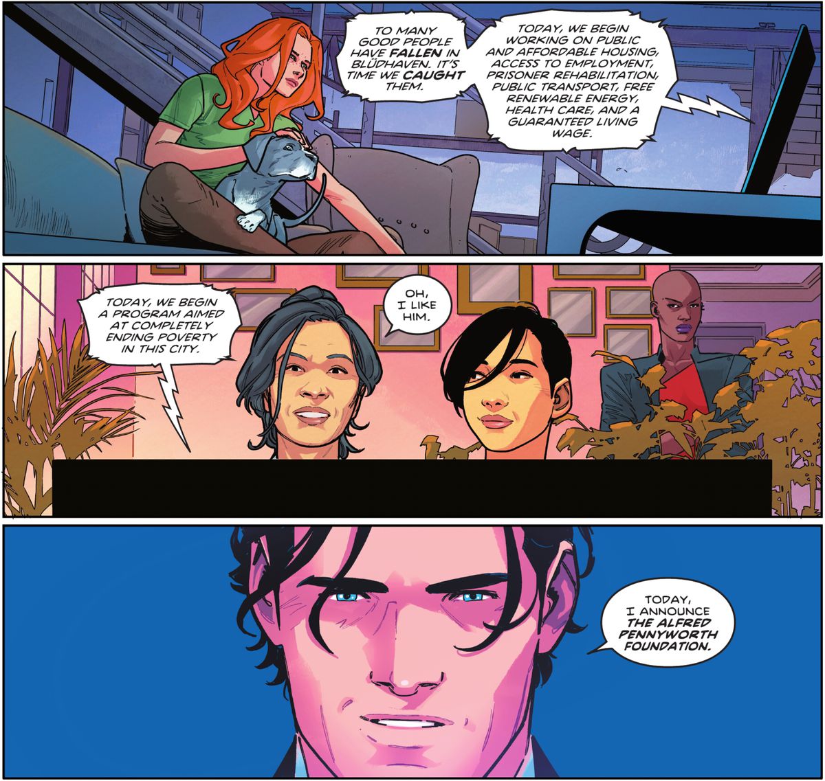 “Today, we begin a program aimed at completely ending poverty in this city,” says Dick Grayson on a live television broadcast, “Today, I announce the Alfred Pennyworth Foundation,” in Nightwing #83 (2023). 