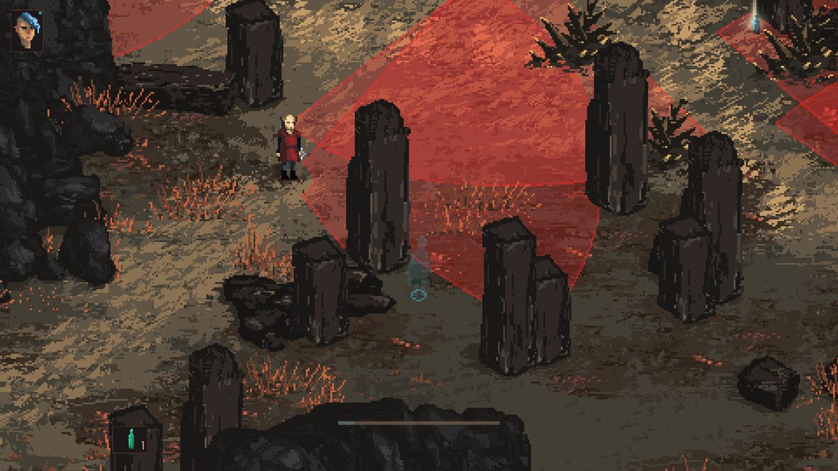 Death Trash - the protagonist stealths behind a stone pillar while avoiding her enemies, who’s vision is represented with red radial cones.
