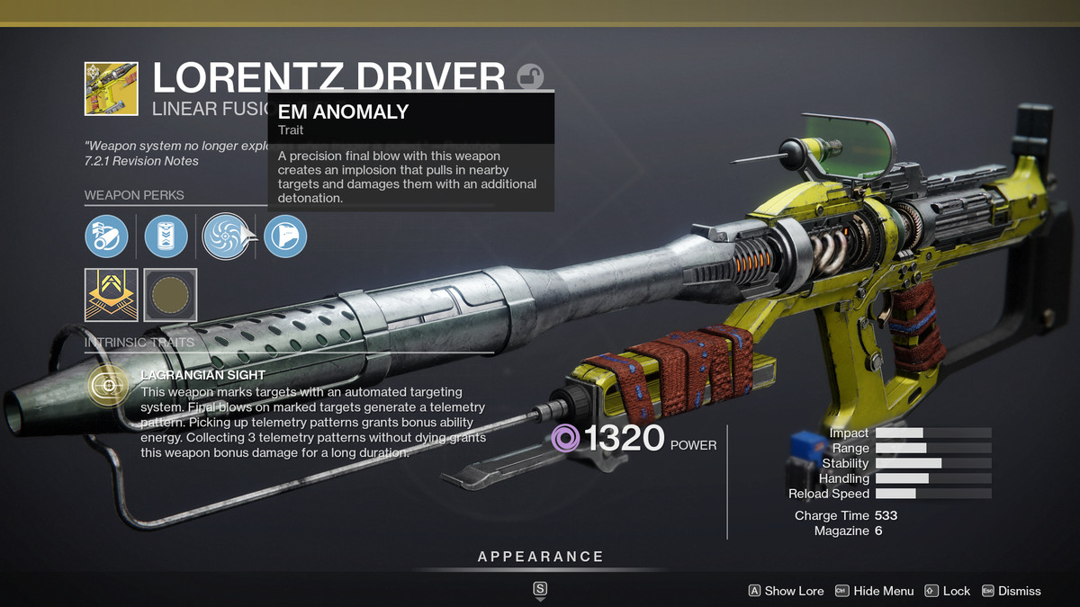 The Lorentz Driver linear fusion rifle in Destiny 2