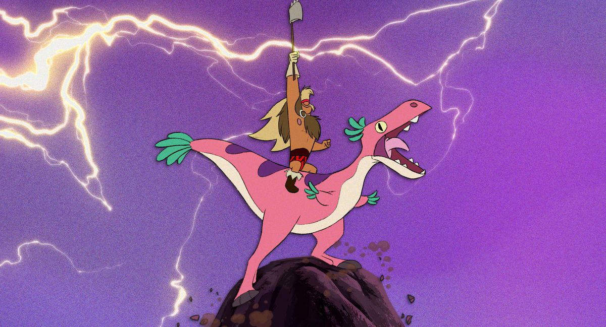 a caveman riding a dinosaur