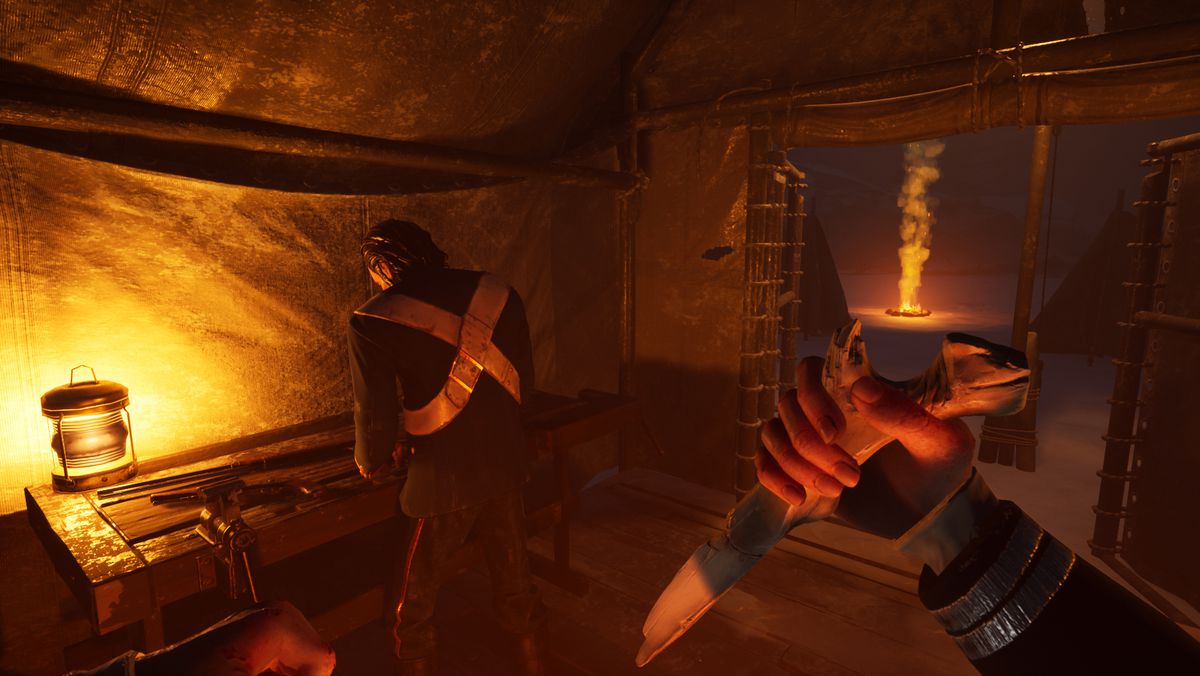 A player about to stab another player with a bone knife in Dread Hunger