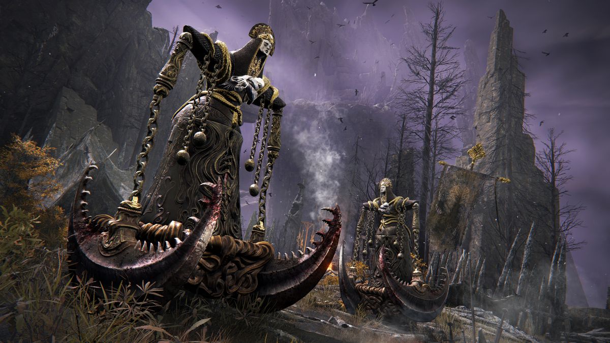 Two tall indescribable monsters in a wasteland from Elden Ring