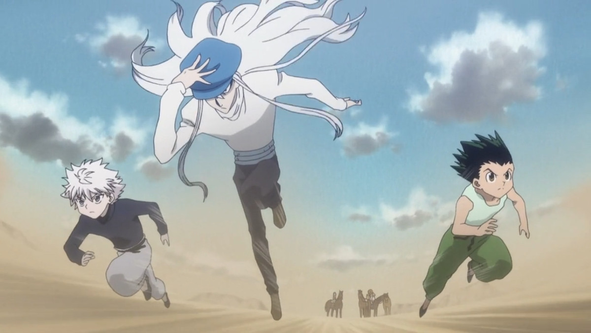kite, a tall man with long white hair, running with killua and gon trailing