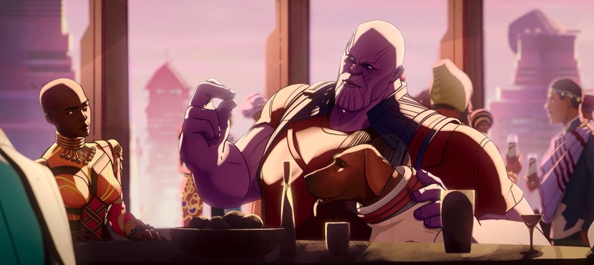Thanos in Wakanda snapping his fingers at dinner in Marvel’s What If...?