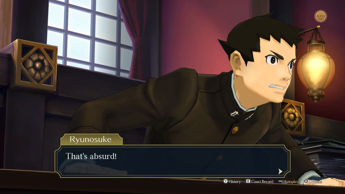 Ryunosuke, the protagonist of The Great Ace Attorney Chronicles, exclaims “That’s absurd!” during a courtroom scene