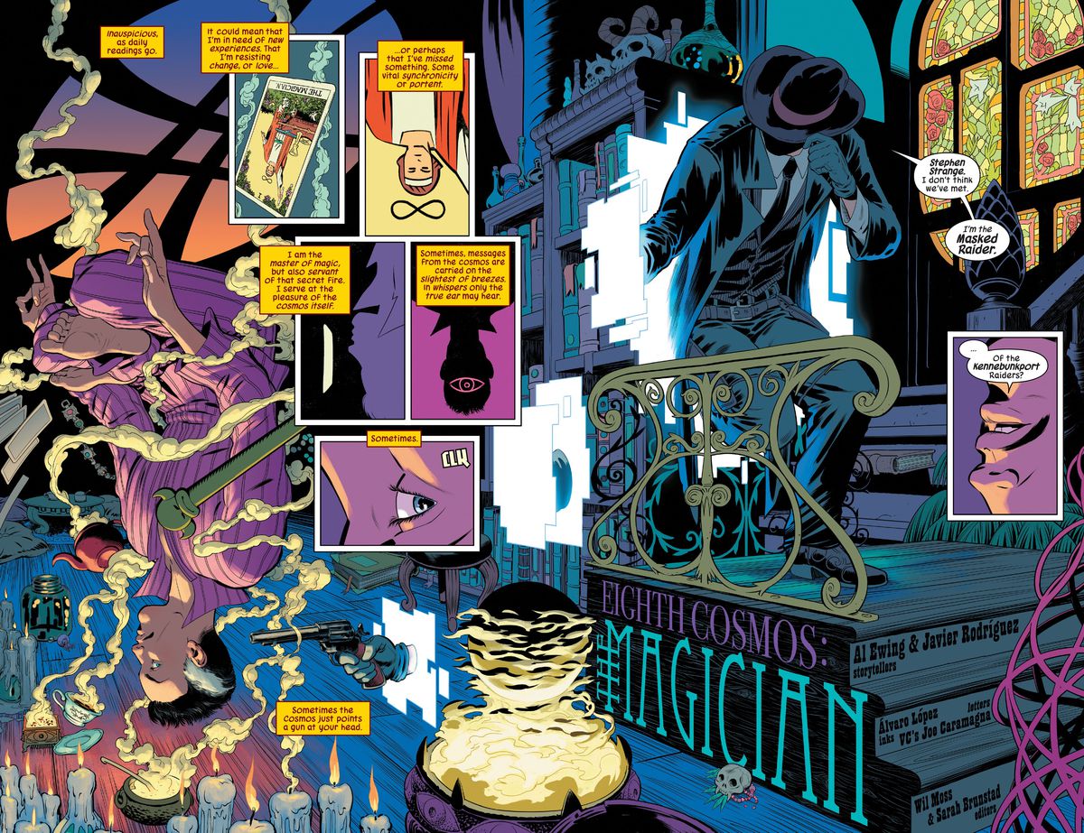 Doctor Strange opens his eyes, as he meditates cross legged (and floating upside down) to realize that there is a revolver pointed at this head. The hand holding the revolver extends from a pixelated portal, the portal leads across the exquisitely detailed room of the Sanctum Sanctorum to the Masked Raider in Defenders #1 (2023). 