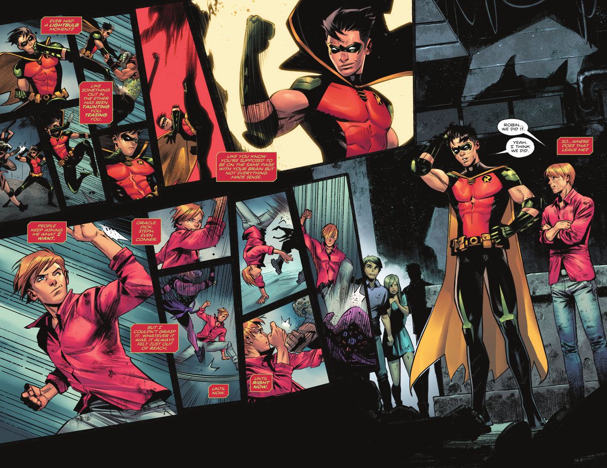 Tim Drake/Robin slugs bad guys alongside a cute boy, thinking “People keep asking me what I want [...] But I couldn’t grasp it. Whatever it was, it always felt just out of reach. Until now. Until right now.” in Batman: Urban Legends #6 (2023).