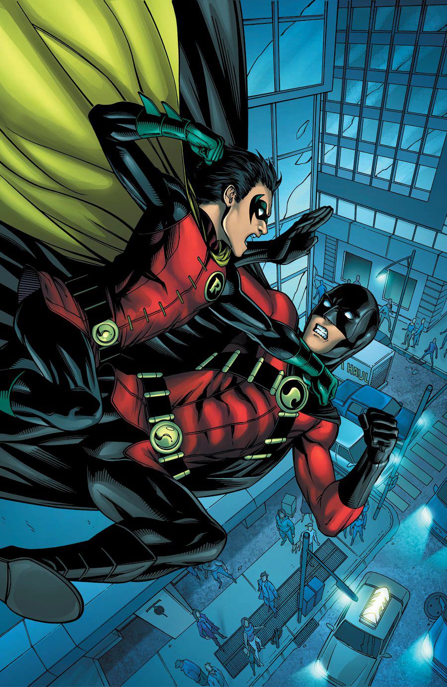 Damian Wayne/Robin and Tim Drake/Red Robin duke it out on the cover of Red Robin #14 (2010)