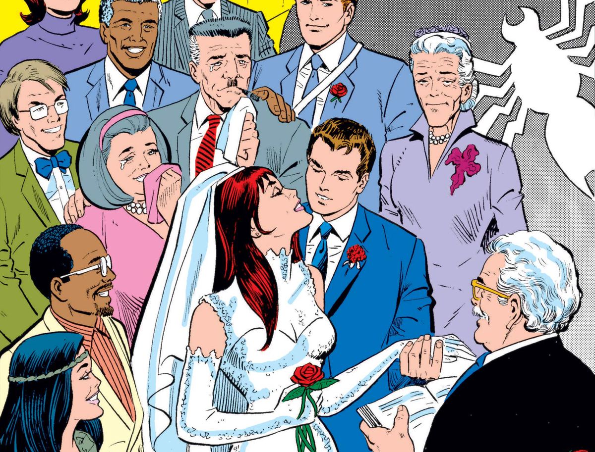 Peter Parker and Mary Jane are married, with J. Jonah Jameson, Aunt May, and other Spider-Man characters in attendance in Amazing Spider-Man Annual #21 (1987). 