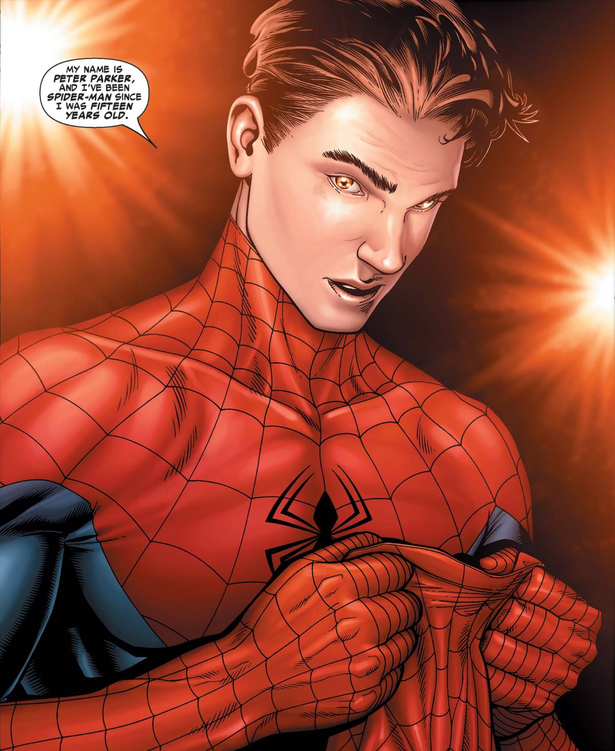 Peter Parker unmasks in front of flashing photographers, saying, “My name is Peter Parker and I’ve been Spider-Man since I was 15 years old,” in Civil War #2, Marvel Comics (2006).