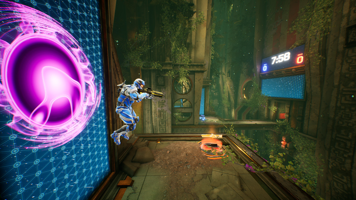 A Splitgate player jumping out of a portal