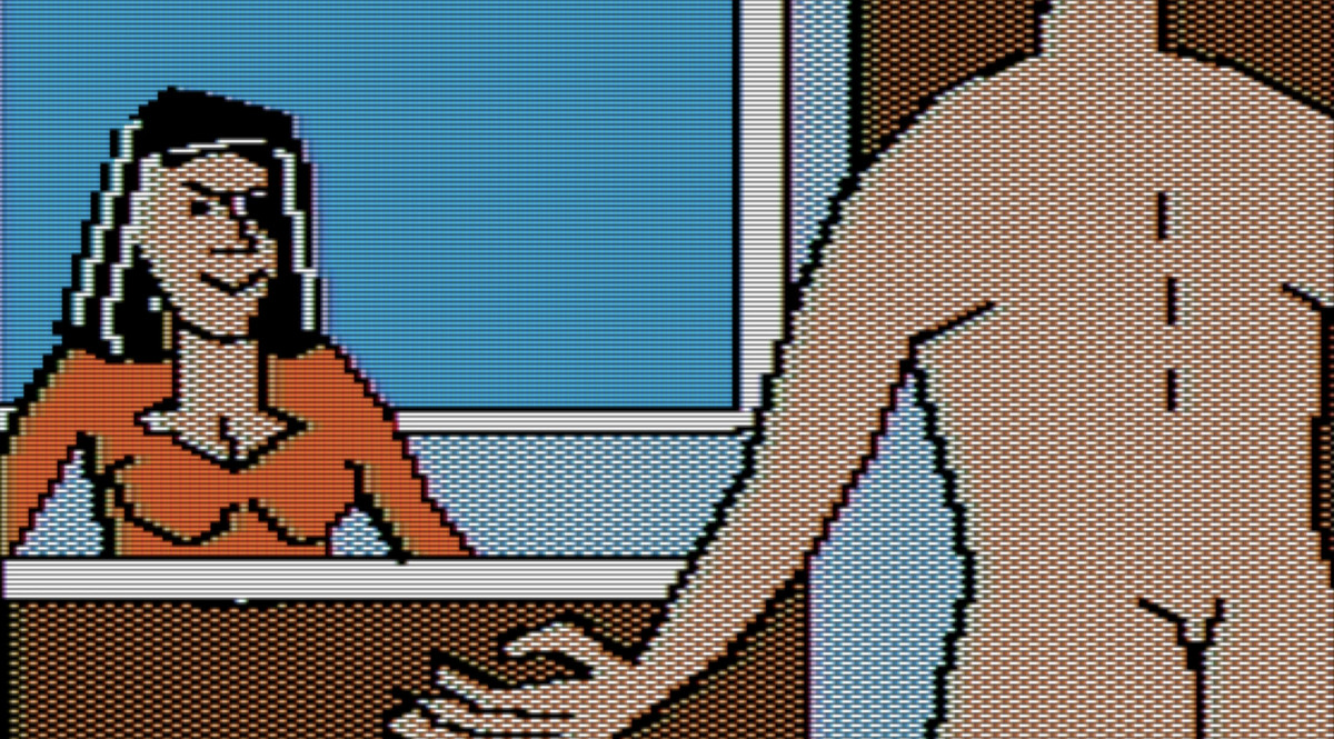 A crude-looking screenshot of a cartoon woman staring at a man. The man’s back is to us and he is nude; we see his buttcrack.