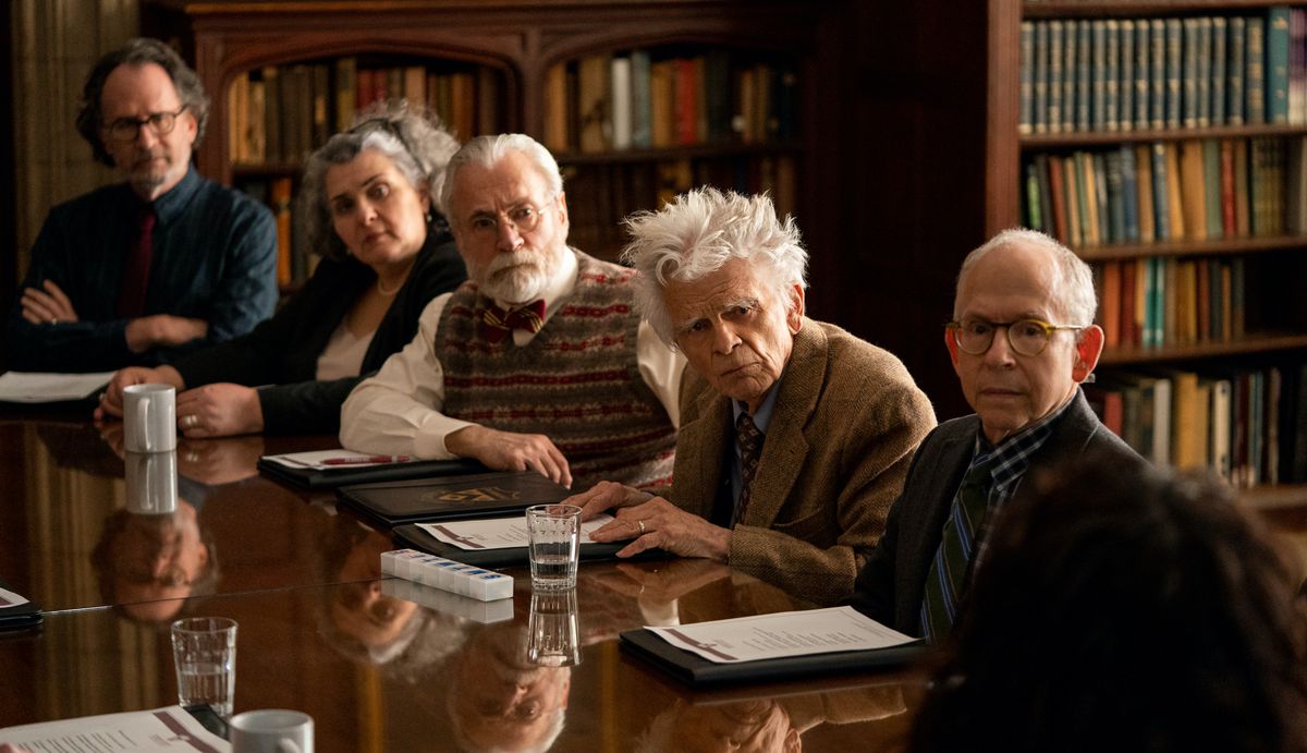 A panel of the “craggy white establishment” in The Chair, including Bob Balaban and four other older, grouchy-looking professors