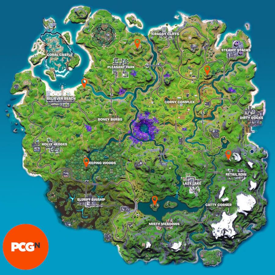 The Fortnite Chapter 2 Season 7 map with pins highlighting the locations of the Guardian Towers