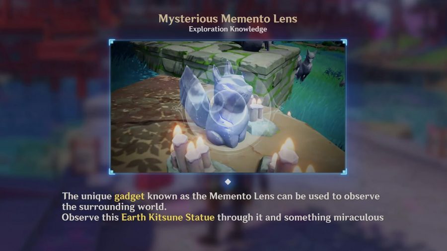 The Mementos Lens being used to scan a kitsune statue in Genshin Impact 2.0
