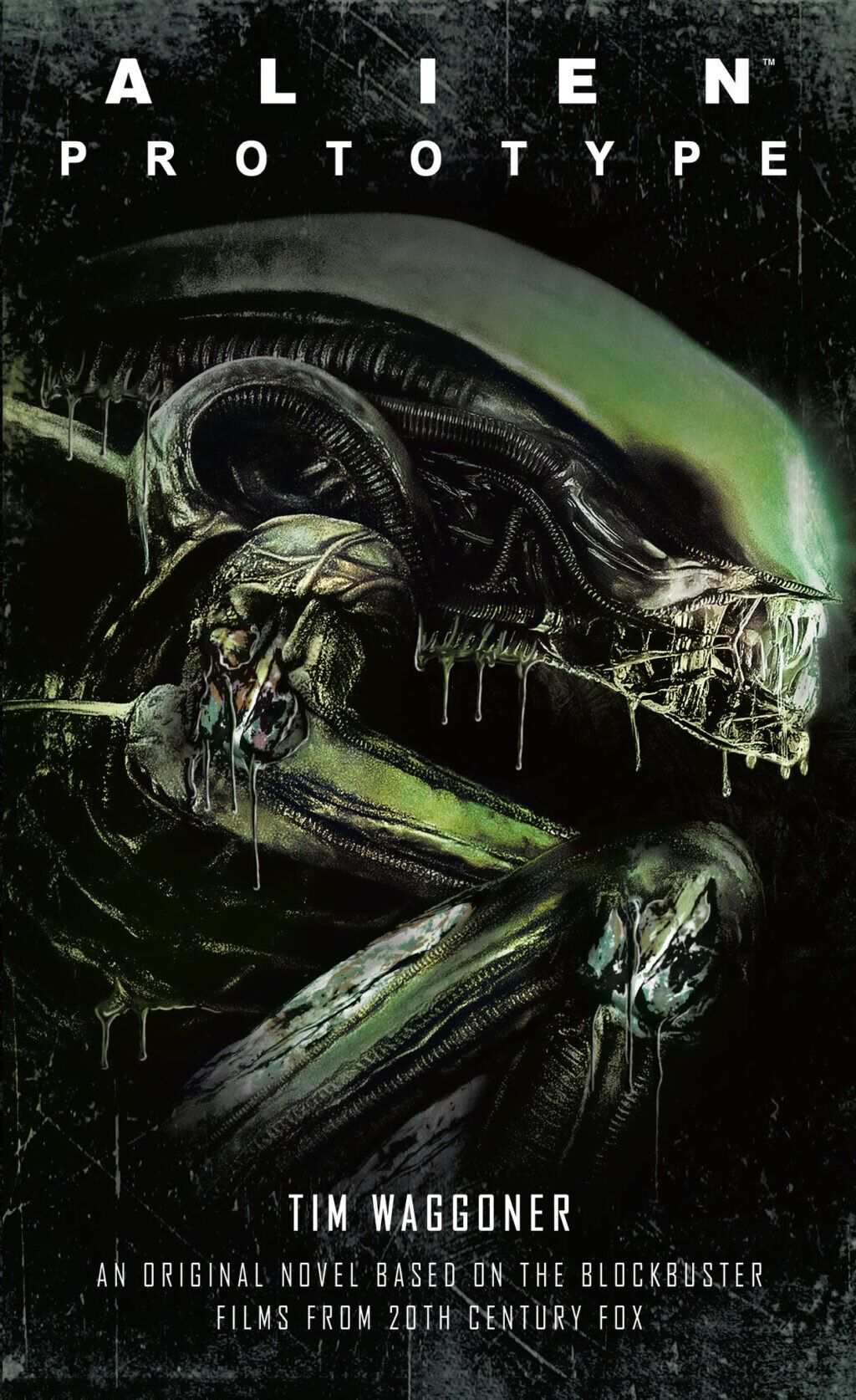 The cover of Tim Waggoner’s book Alien: Prototype, with a side-on close-up of a Xenomorph