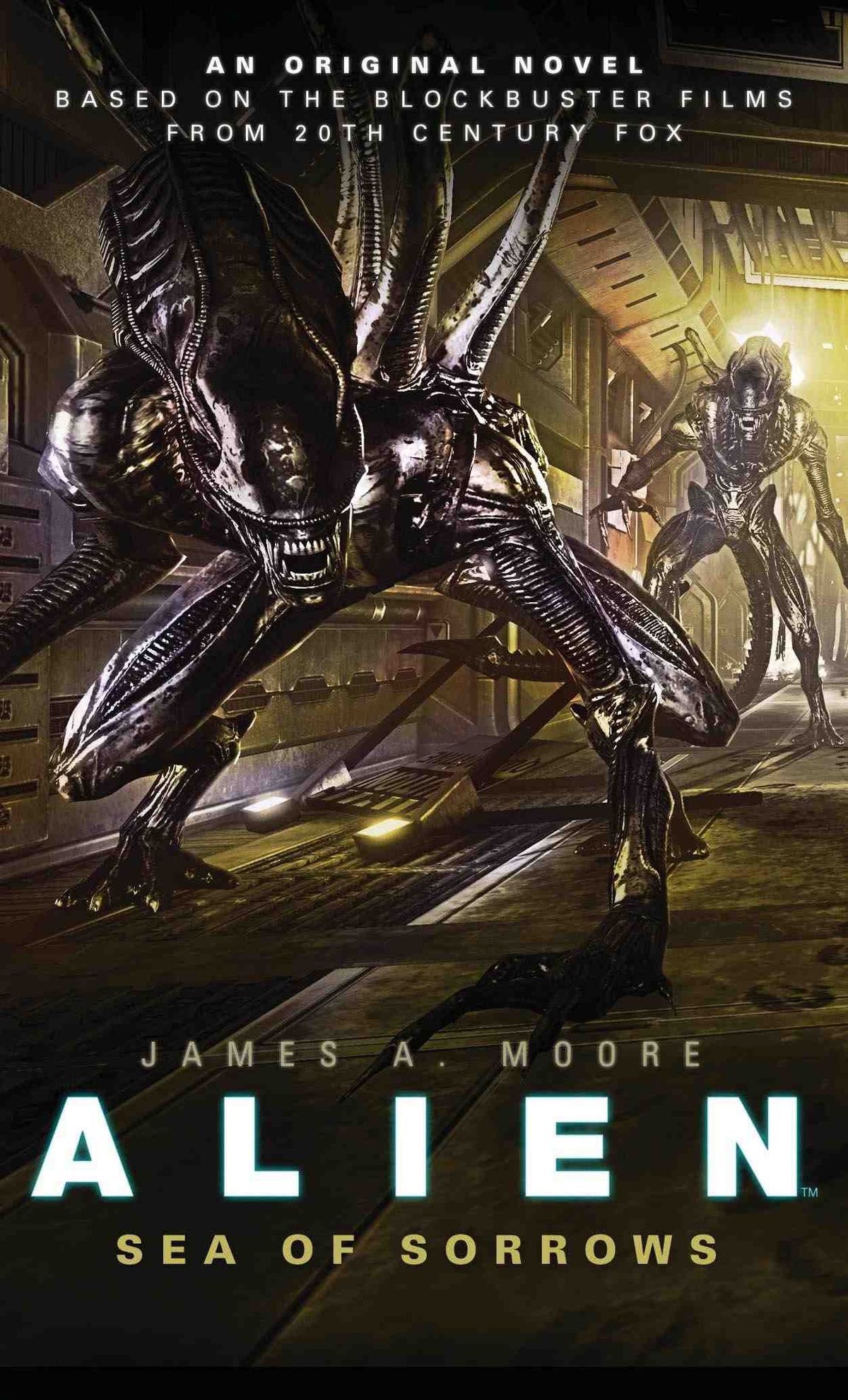 The cover of James A.Moore’s Alien: Sea of Sorrows, showing two Xenomorphs in a hallway