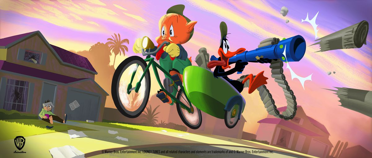 Porky and Daffy Duck ride in a bike and cart shooting newspapers with a newspaper gun in a new Looney Tunes movie concept art