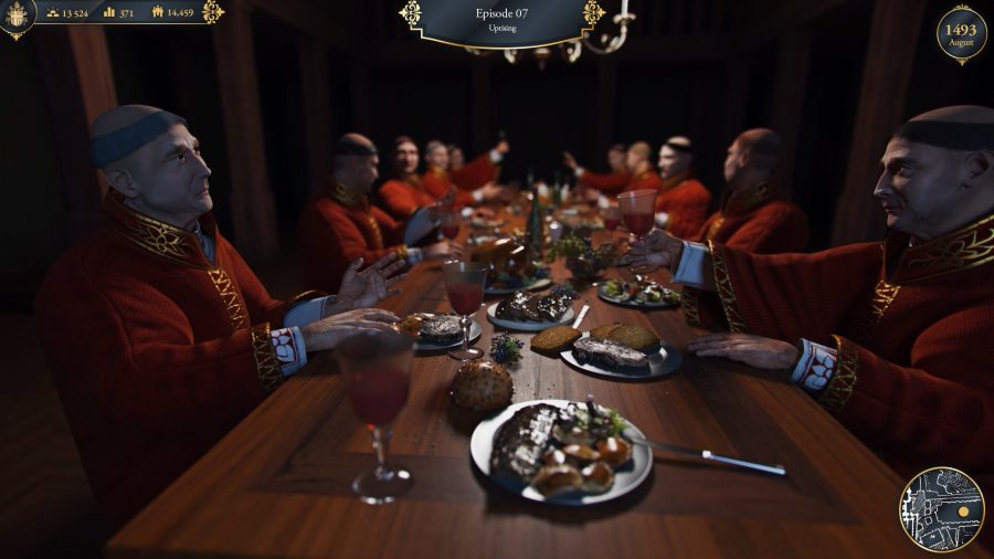 A screenshot of The Pope: Power & Sin, showing a lot of cardinals around a table