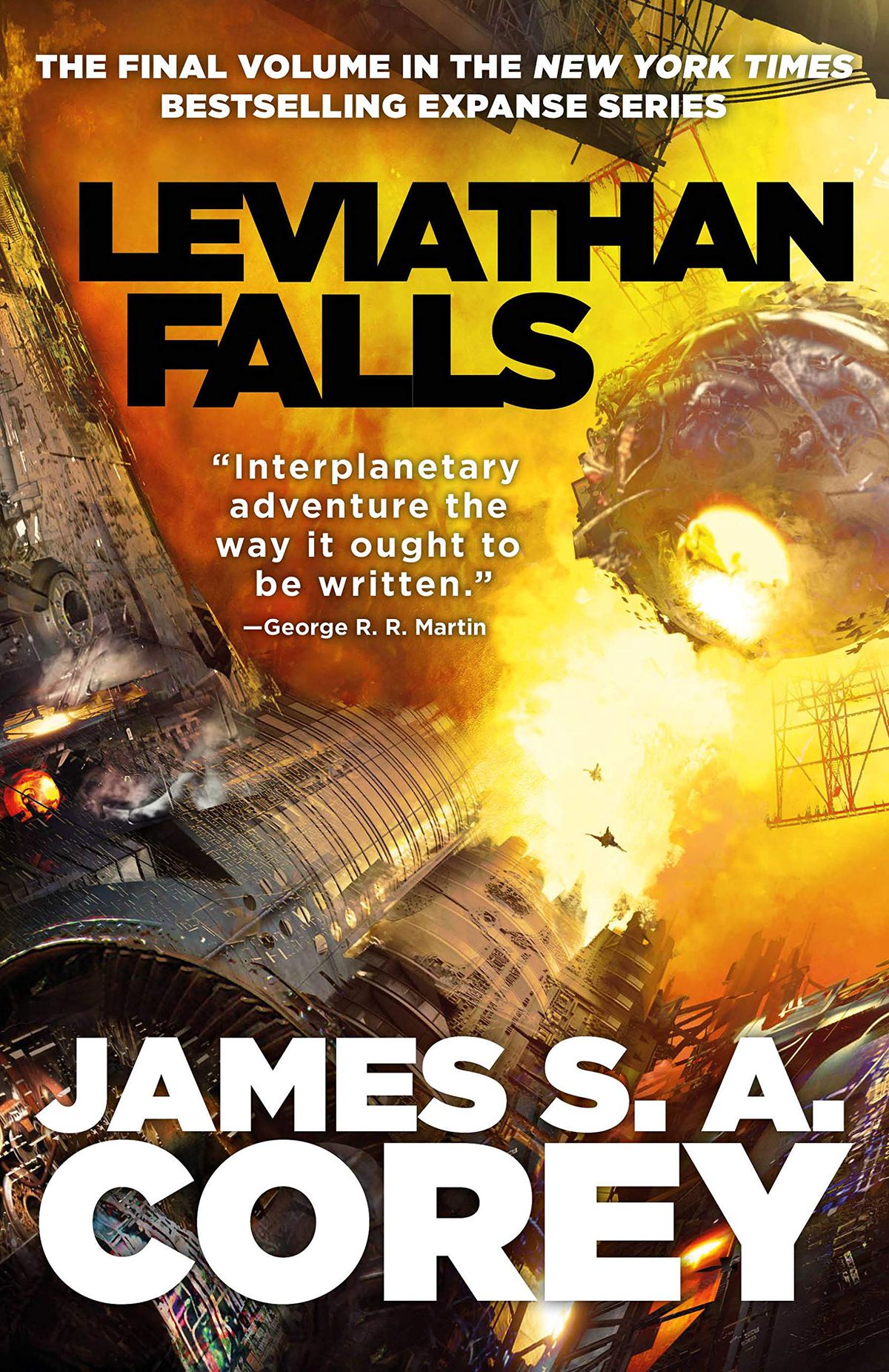 Leviathan Falls by James S.A. Corey cover with a giant fire in space