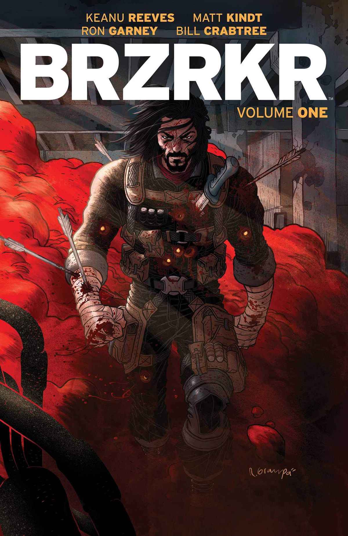 A bloodied soldier walks out of a pitched battle and towards the reader — he looks like a bearded and long-haired Keanu Reeves — on the cover of BRZRKR Vol. 1 (2023). 
