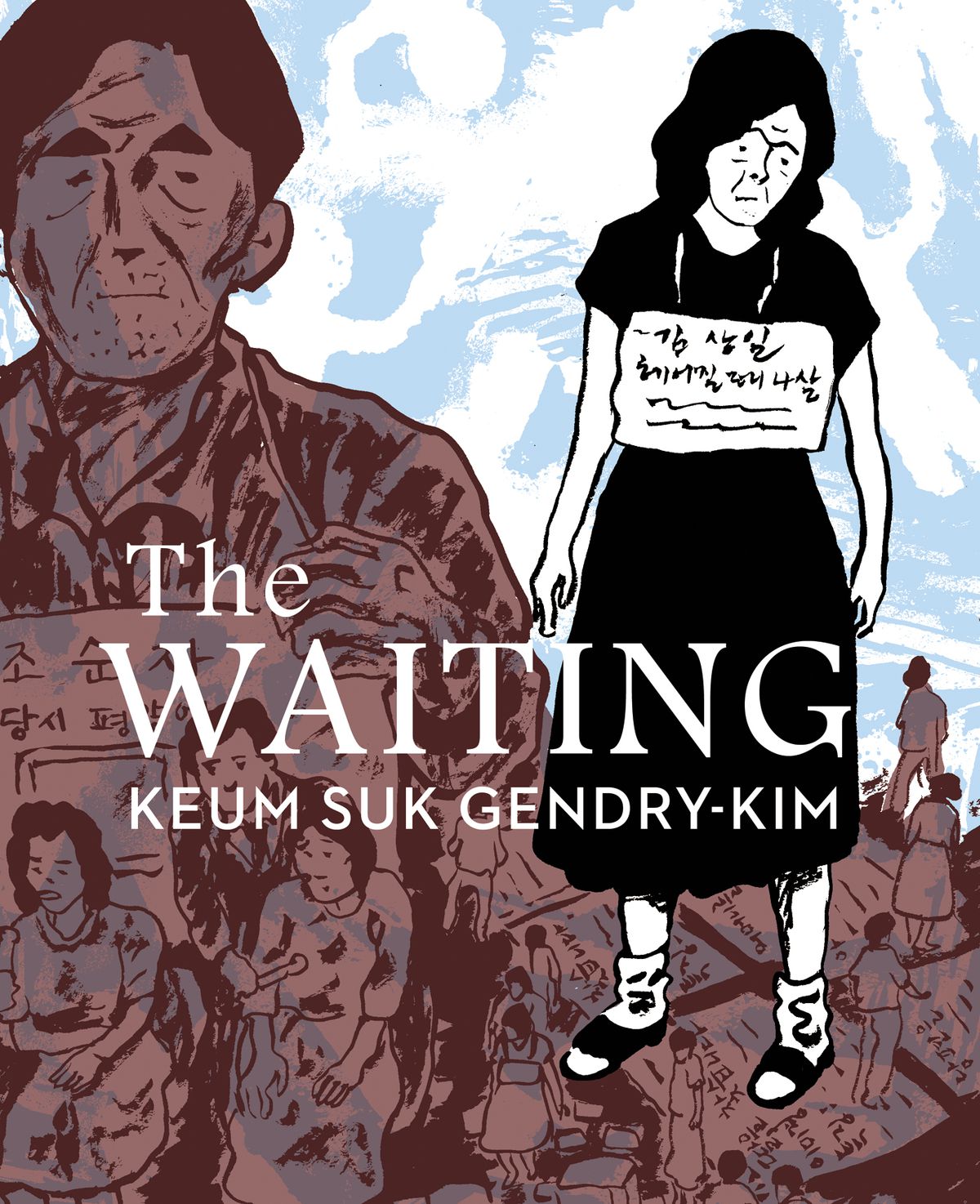 A woman wears a sign around her neck on the cover of The Waiting (2023). 