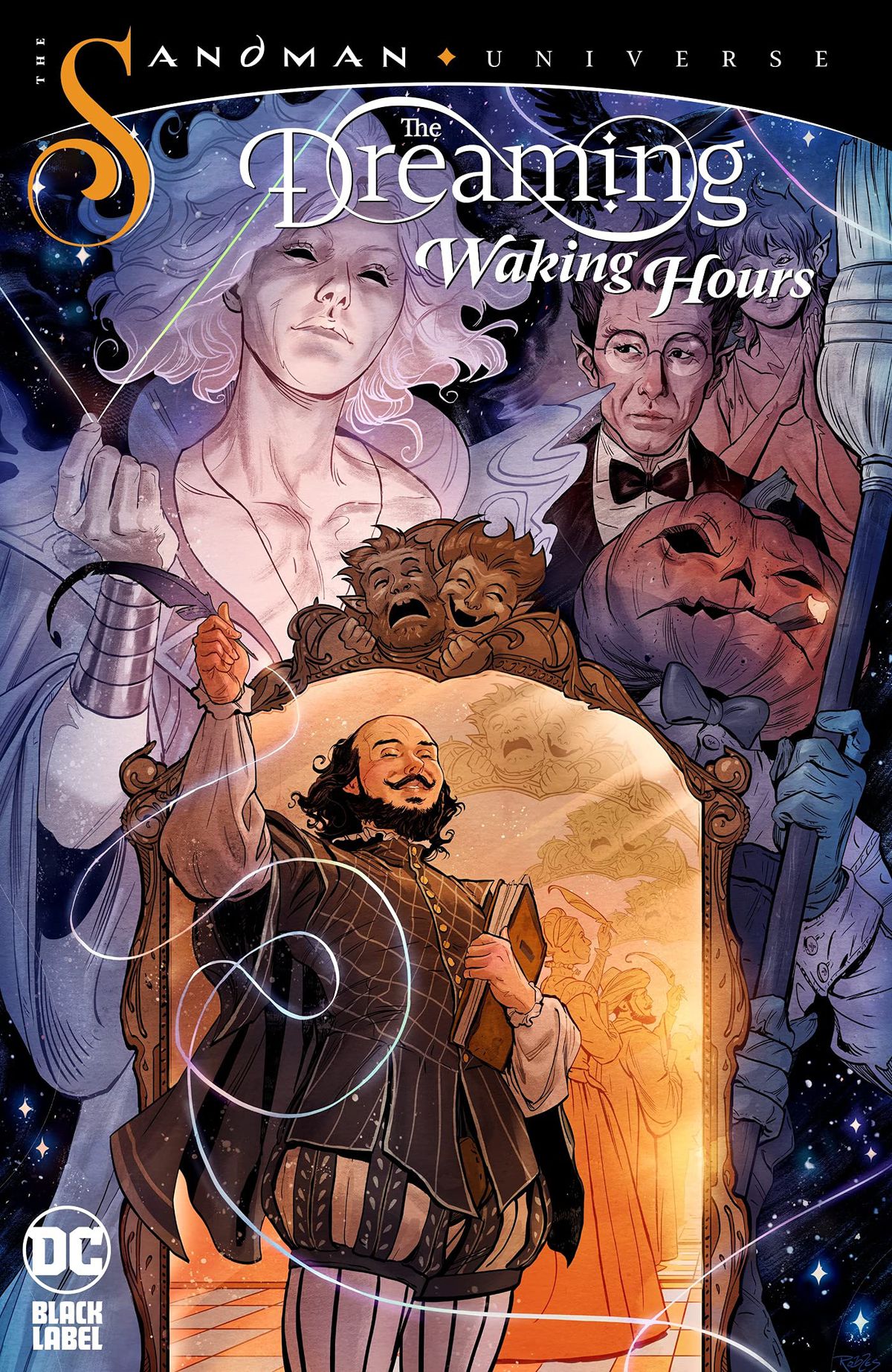Denizens of the Dreaming watch over mirror, beside which stands William Shakespeare, greeting the reader on the cover of The Dreaming: Waking Hours (2023). 