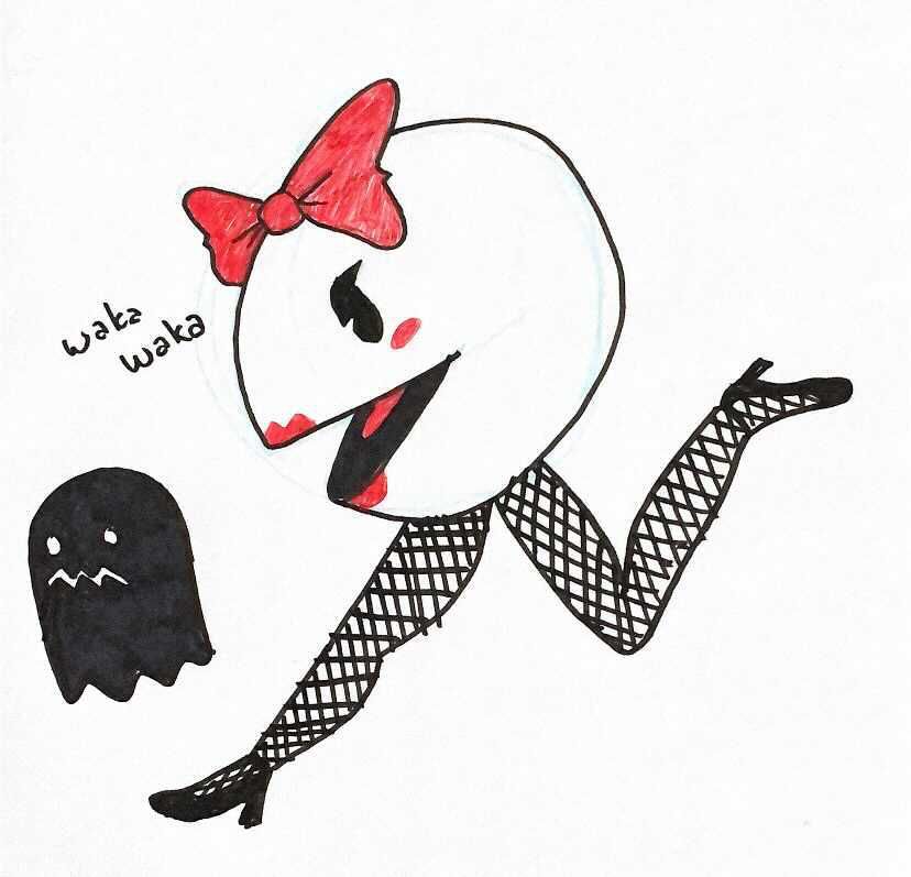 Ms. Pac-Man, wearing black fishnet stockings, chases a black Ghost