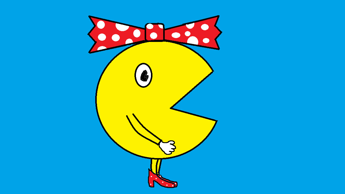 Ms. Pac-Man in profile, wearing a red bow and red high heels with white polka dots